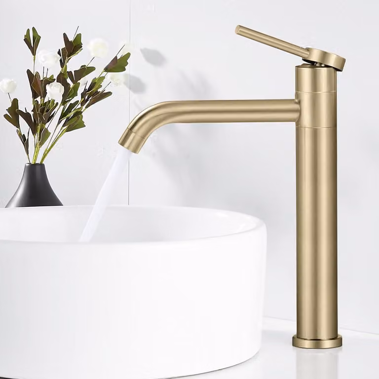 Rubinetto per lavabo, alto, con bocchetta girevole a 360°, finitura oro spazzolato, per bagno
