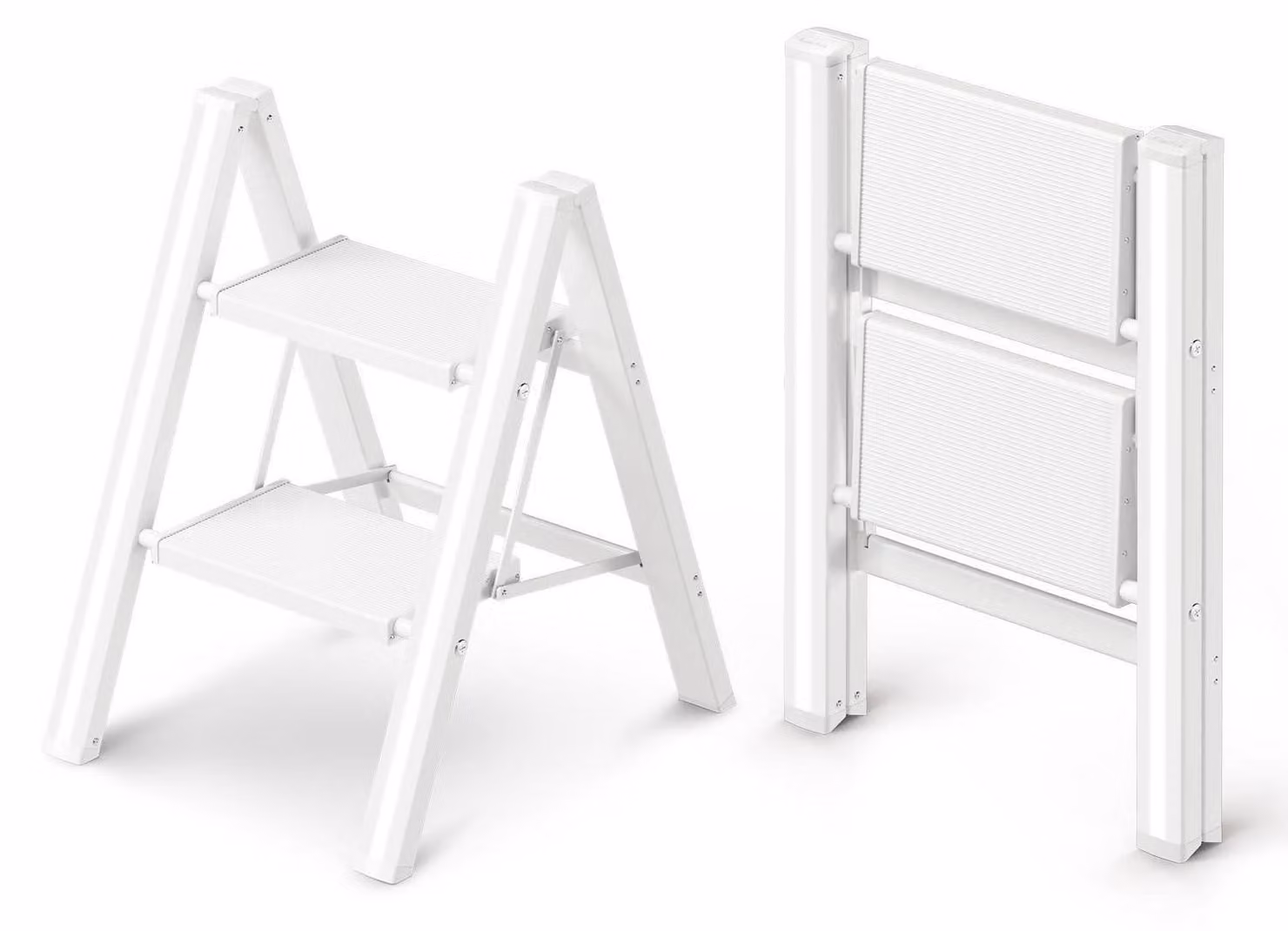 Scala pieghevole a 2 gradini con pedale antiscivolo, colore bianco, dimensioni 46x52,5x61 cm