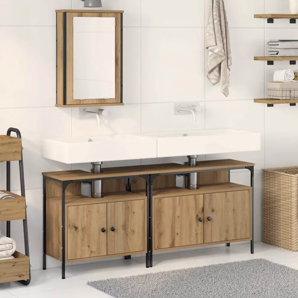 Set da bagno moderno vidaXL composto da 3 pezzi in legno marrone con specchio e armadietto, L: 80 cm, P: 30 cm, H: 60 cm