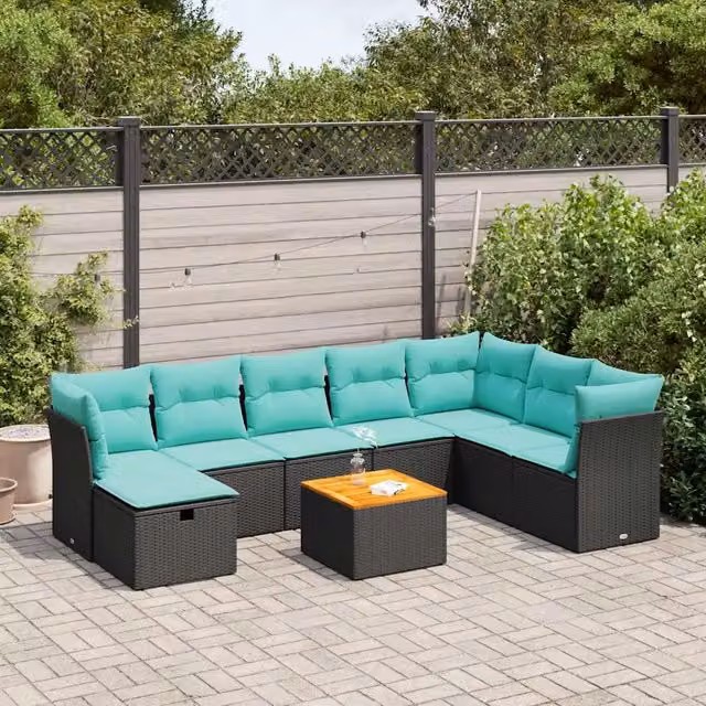 Set Divani da Giardino 9 pz con Cuscini Nero in Polyrattan 3325774