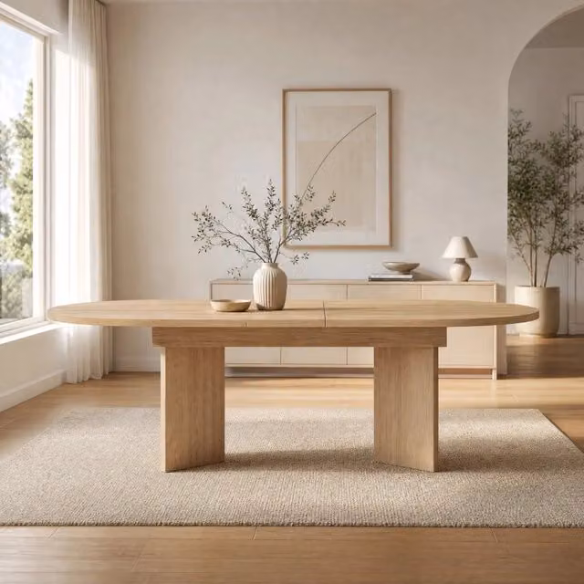 Desviae Tavolo allungabile da pranzo con piano spesso in MDF effetto rovere, angoli arrotondati, per sala da pranzo