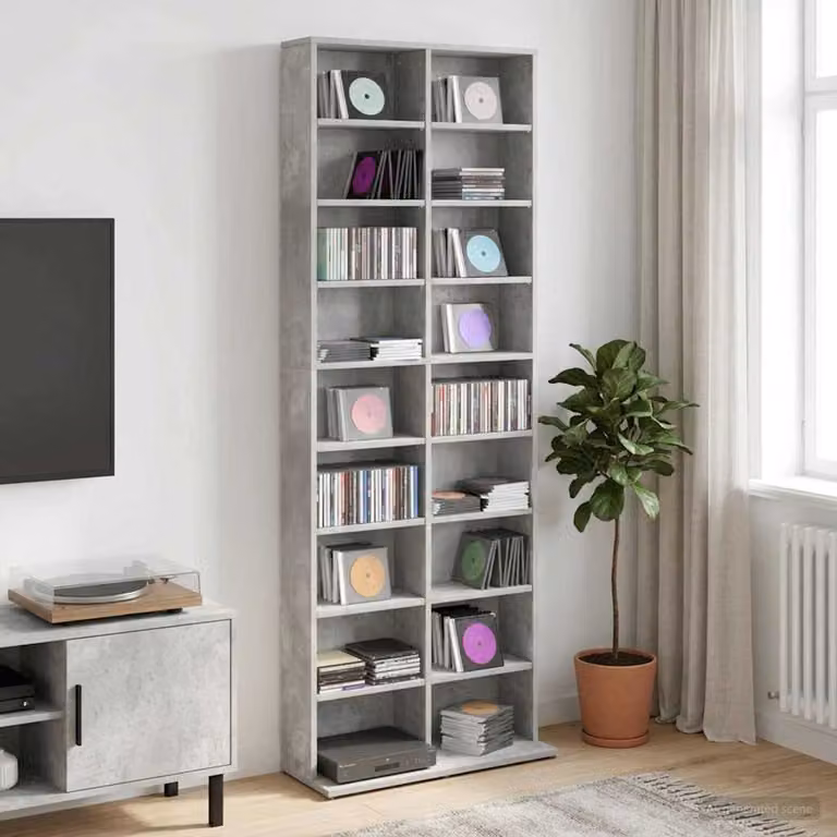 Mobile per CD vidaXL Grigio Cemento con ripiani regolabili L 65 cm x P 23,5 cm x H 175 cm