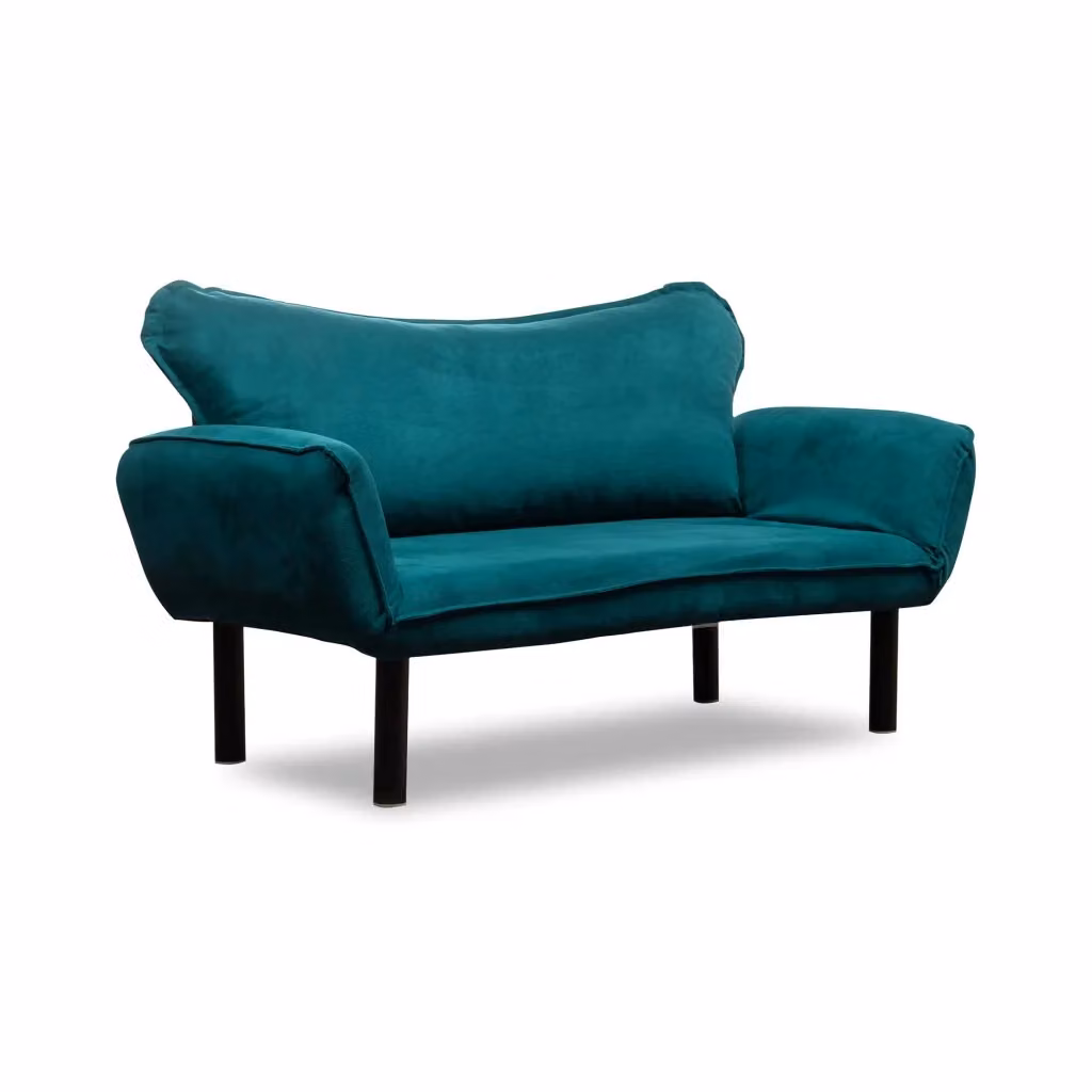 Divano Letto 2 Posti con Contenitore Hone DMORA, Rivestimento in Velluto Azzurro, L: 140 cm, P: 65 cm – 2