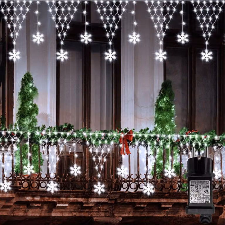 Catena luminosa a LED a forma di fiocchi di neve, 4 metri, 207 LED bianchi freddi, 8 modalità, timer