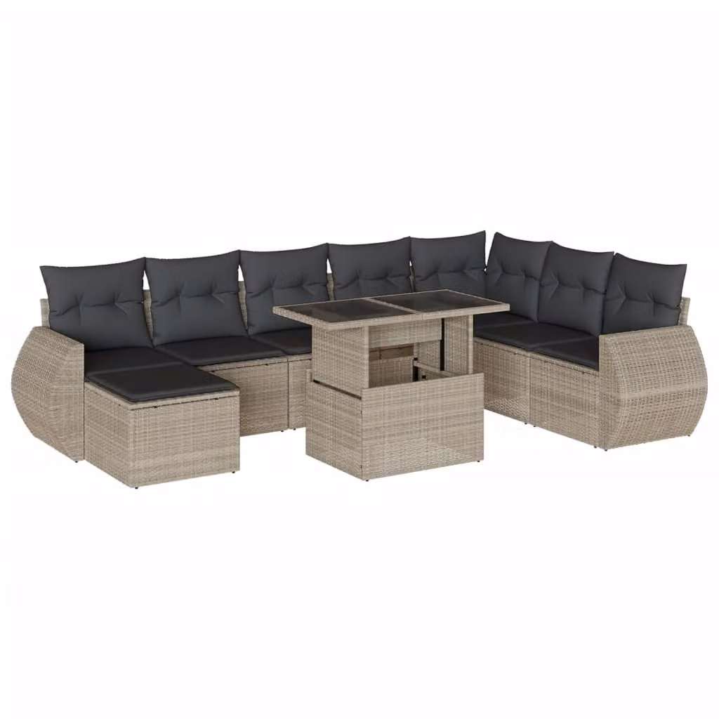 Set Divano da Giardino 9pz con Cuscini Grigio Chiaro Polyrattan