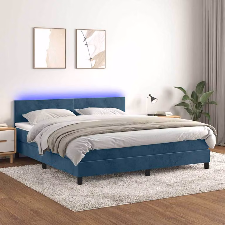 Letto Ibrido vidaXL con Materasso, Illuminazione LED Sotto il Letto e Porte USB, Rivestimento in Velluto Blu e Bianco, L/P: 160 x 200 cm