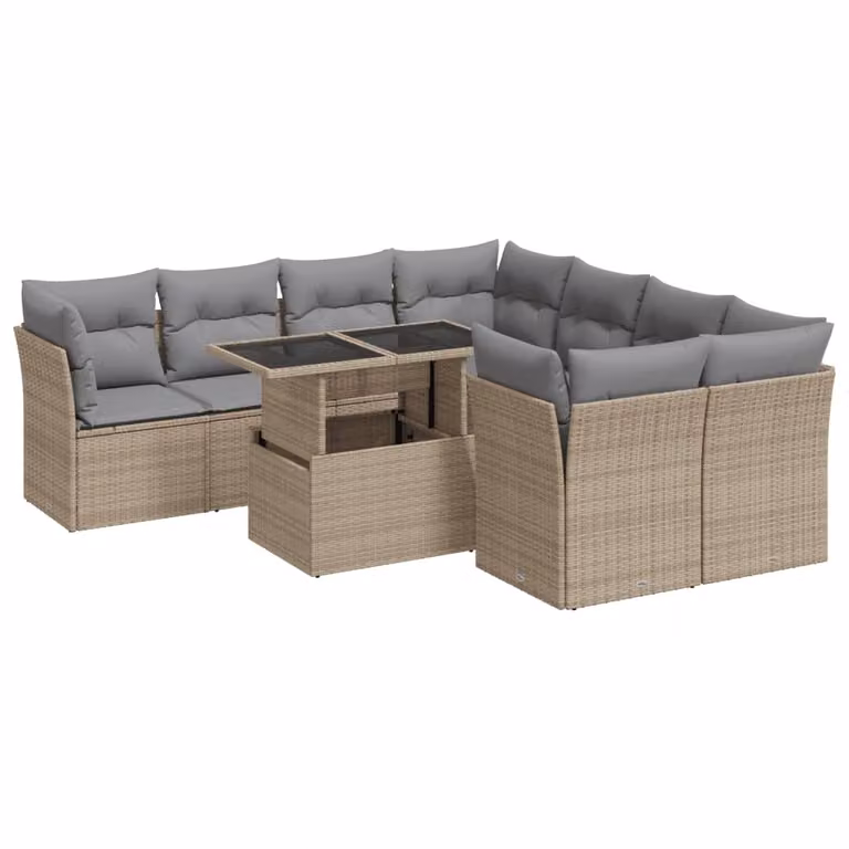 Set Divano da Giardino 9 pz con Cuscini Beige in Polyrattan