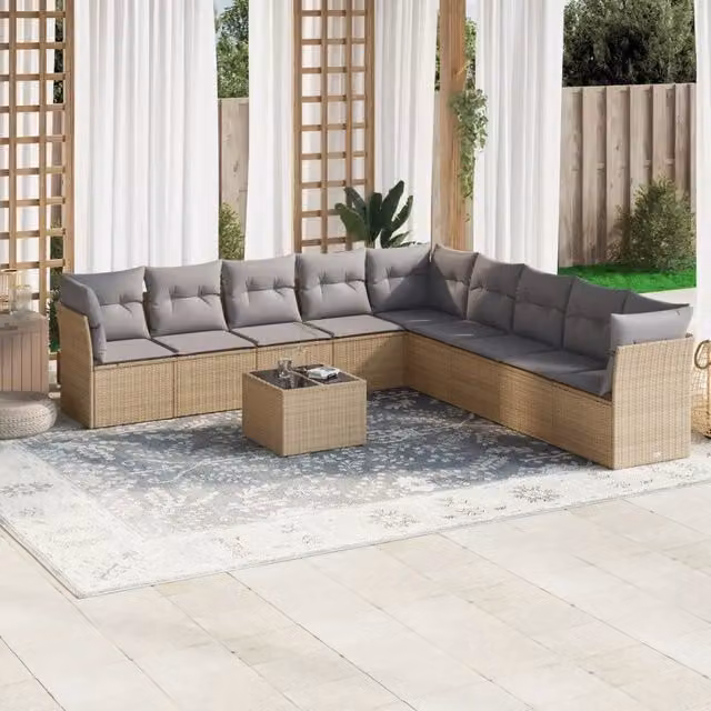 Set Divano da Giardino Moderno VIDAXL in Polyrattan con Cuscini Beige, 10 Pezzi – 1