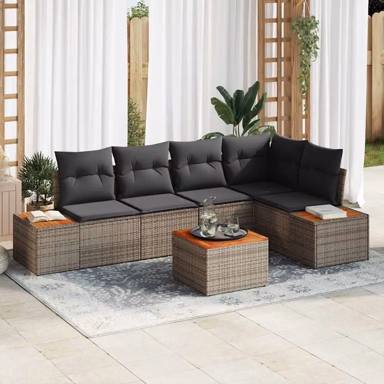 Set Divano da Giardino a L vidaXL 5 Posti Grigio con Cuscini e Tavolino da Caffè in Rattan e Metallo