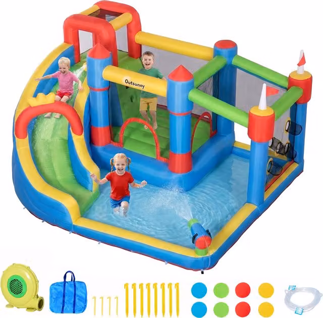 Castello Gonfiabile Outsunny 5 in 1 Multicolore con Scivolo, Trampolino, Piscina e Pistola ad Acqua per Bambini dai 3 ai 8 Anni