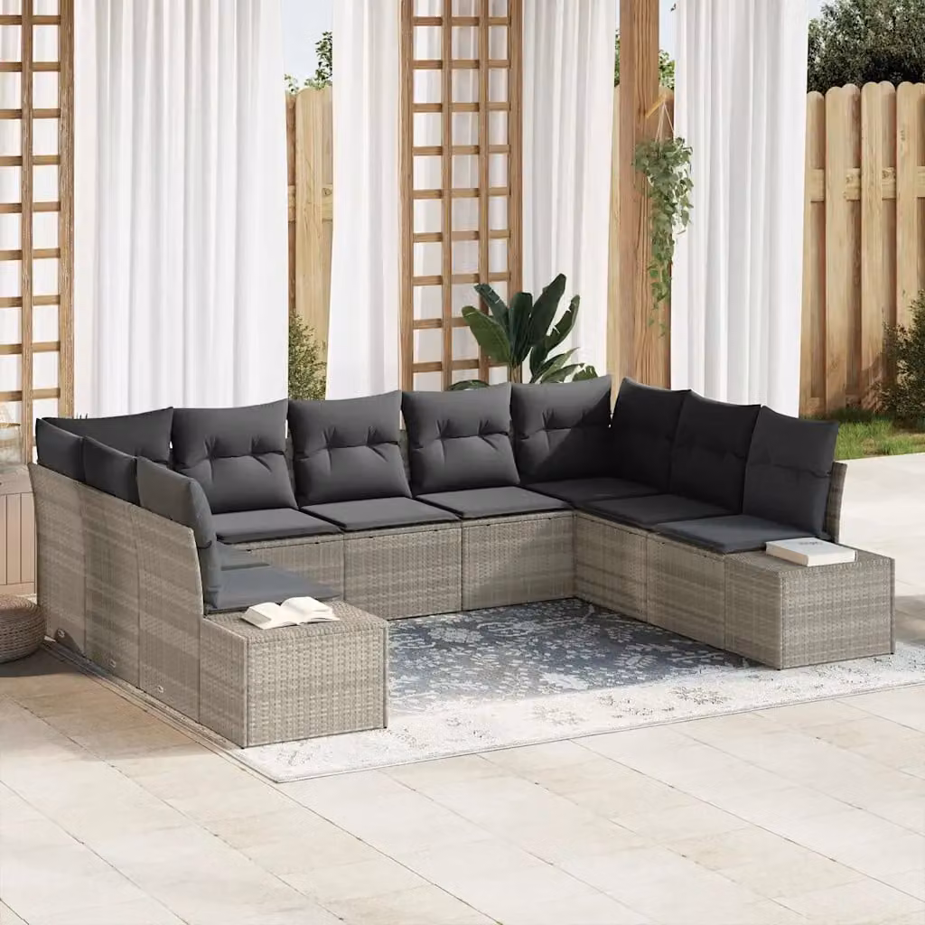 Set Divano da Giardino vidaXL a forma a U composto da 9 pezzi in polyrattan grigio con cuscini rimovibili e tavolino da caffè – 1