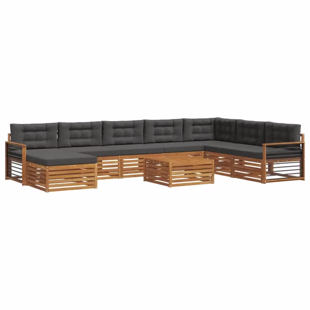 Set di divani da esterno vidaXL in legno di acacia con cuscini, colore naturale e antracite, composto da 9 pezzi con modulo angolare, tavolino e pouf – 2