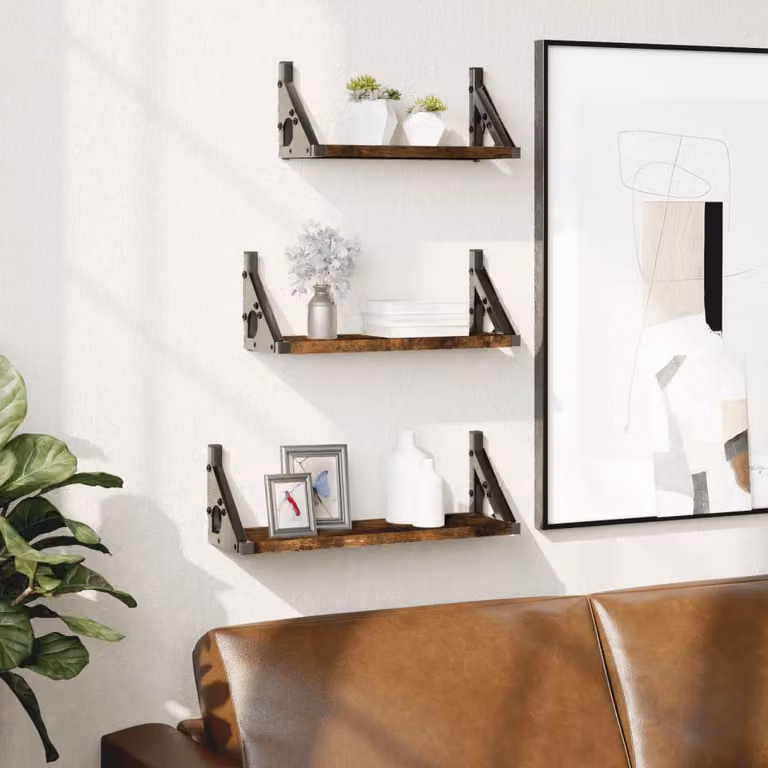 Set di 3 mensole da parete vidaXL in legno e metallo stile industrial, colore Rovere Fumo, L: 30 cm, P: 12 cm, H: 13 cm