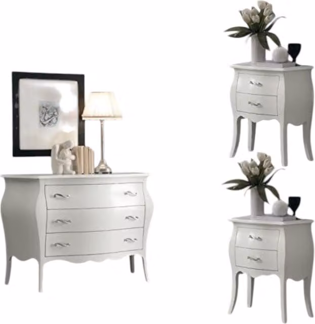 Set composto da una cassettiera e due comodini bombati in stile shabby chic bianco con maniglie cromate Mobili 2G