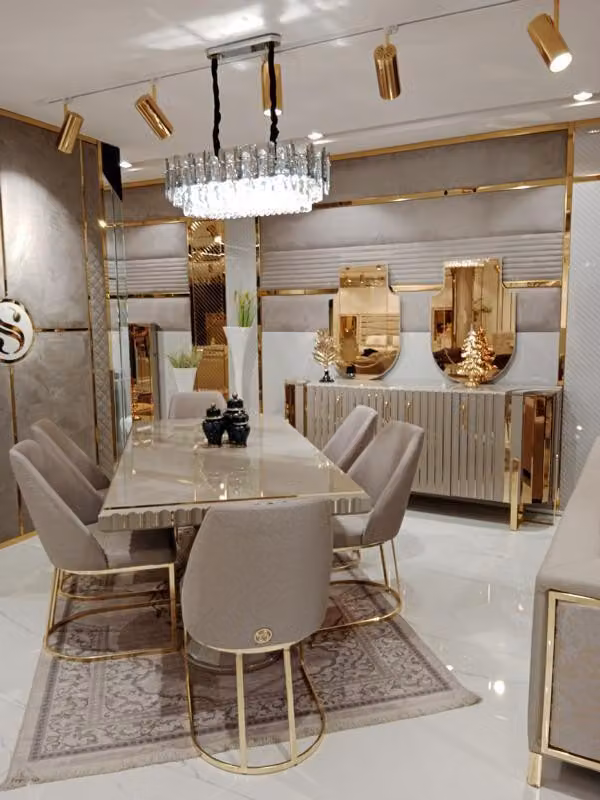 Luxus Esszimmer Set Esstisch + 6x Stühle + Anrichte mit 2x Spiegel Set