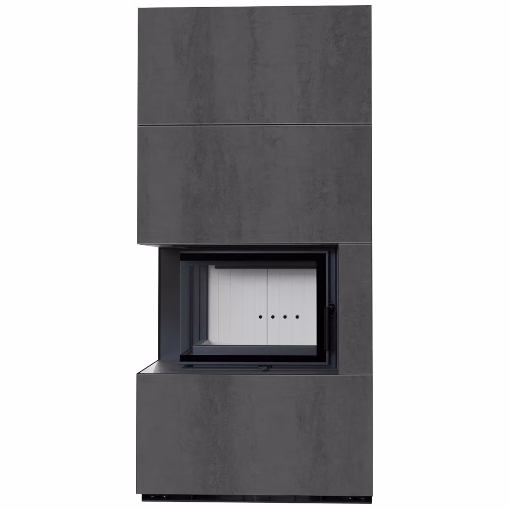 Kit camino KRATKI FLOKI BOX sinistro 8 kW Ø 160 quarzo sinterizzato NATURALI PIETRA DI SAVOIA ANTRANCITE BOCCIARDATA