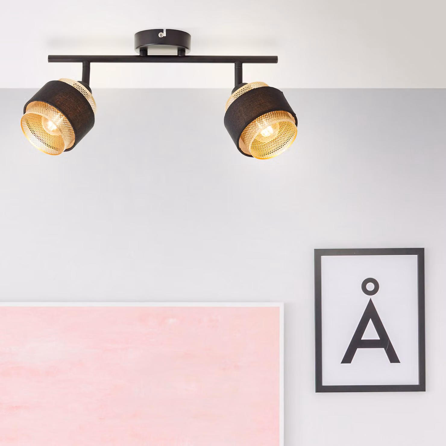 BRILLANTE tubo spot GROVE oro nero | 18 x 50 x 10 cm | 2 x E14 max. 28 W | teste orientabili | metallo/tessuto
