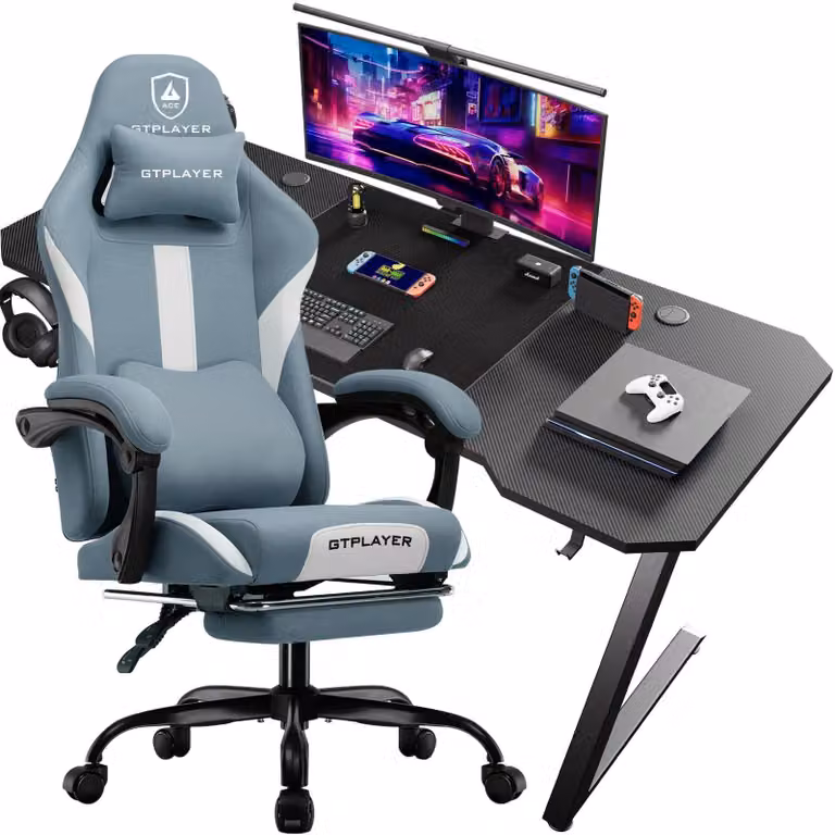 Set scrivania e sedia da gaming - Z12 + GT905 - Pelle + fibra di carbonio - Design minimalista - Montaggio richiesto - Blu navy