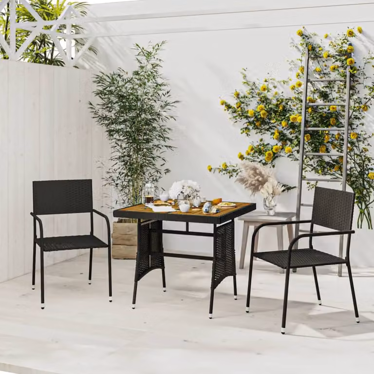 The Living Store Set da pranzo da giardino 3 pezzi in poly rattan nero