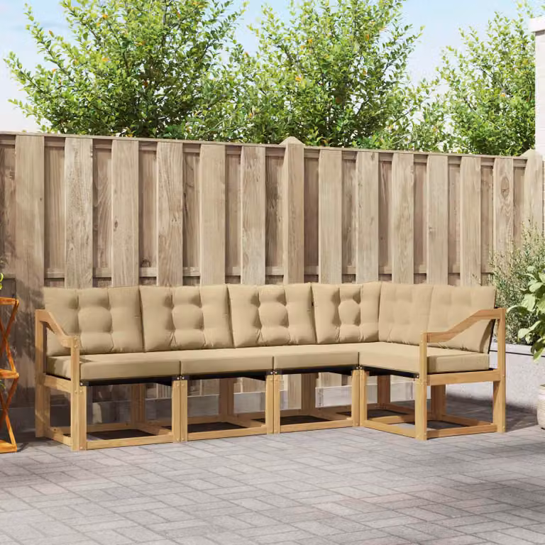 Set di divani da esterno vidaXL a forma di L composto da 5 pezzi in legno di acacia con cuscini in tessuto beige e bianco
