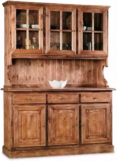 Cristalliera Mobili 2G in legno massello di pino color noce consumato con ante in vetro, L: 147 cm, P: 43 cm, H: 195 cm