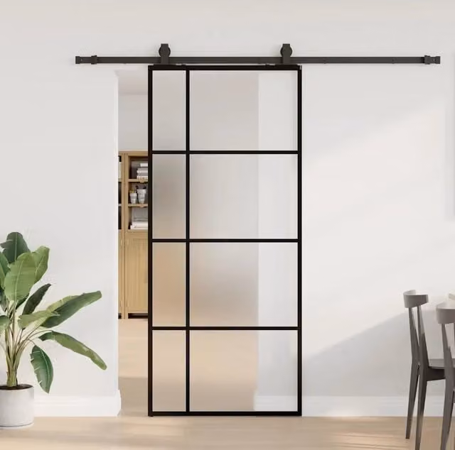 Porta Scorrevole Moderna vidaXL in Vetro Trasparente con Telaio in Alluminio Nero L: 90 cm, H: 205 cm – 1