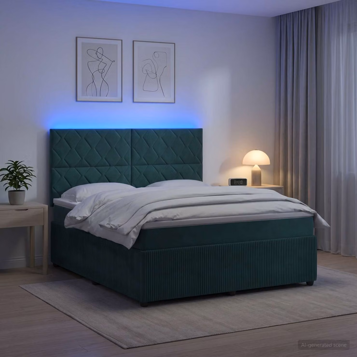 Letto Box Spring vidaXL in Velluto Verde con Materasso Ibrido e Illuminazione LED, L/P: 160 x 200 cm