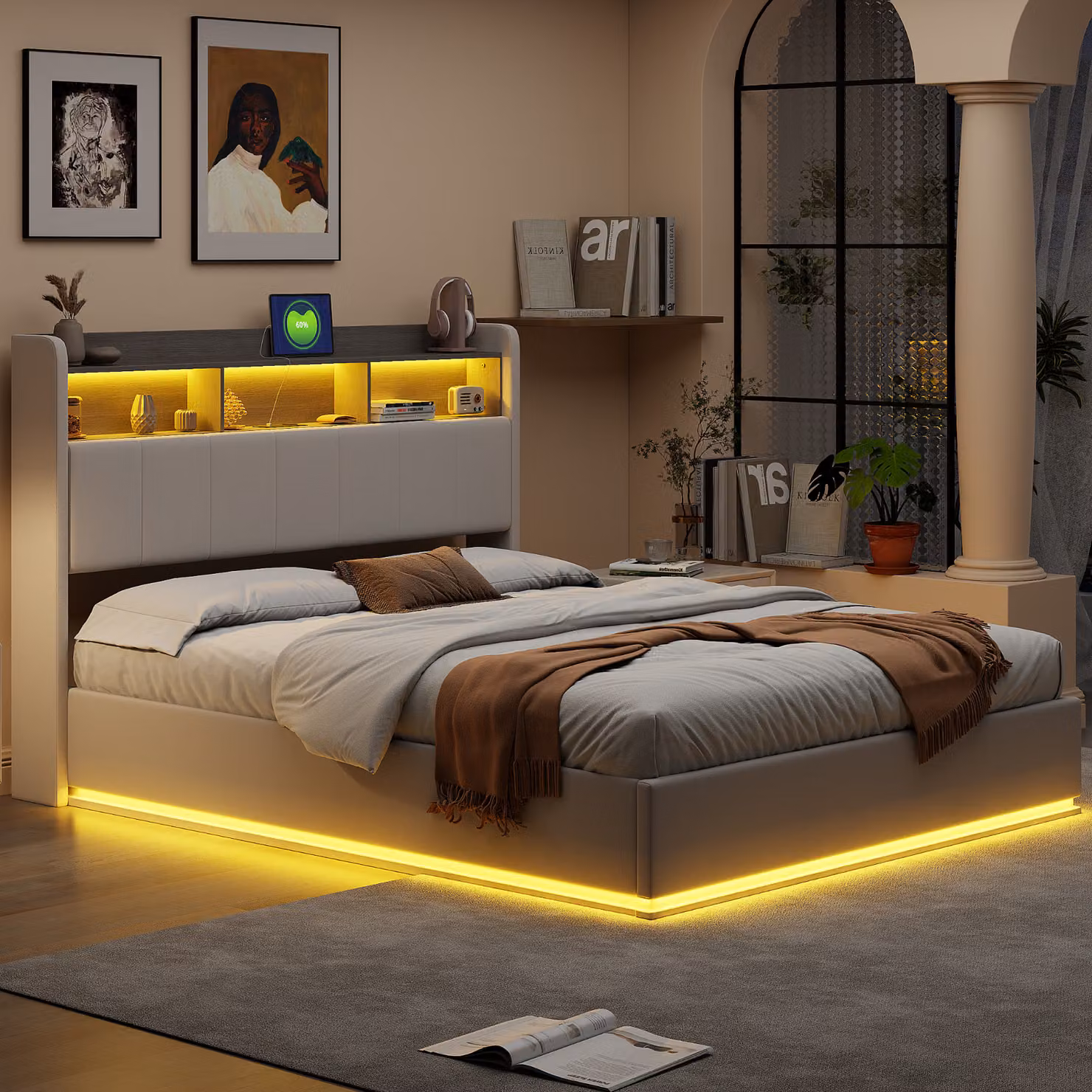 Letto imbottito ProximaX 160x200cm con funzione di ricarica (USB), letto giovanile letto matrimoniale contenitore con LED e contenitore per la testata, letto a molle idrauliche con L