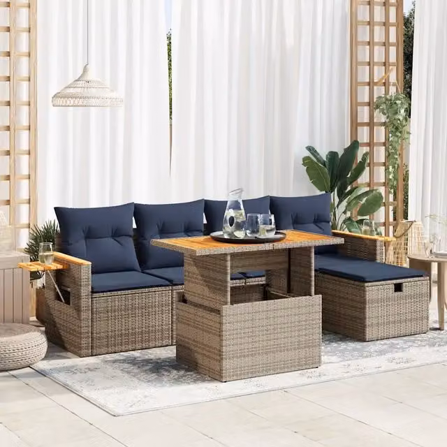 Set Divano da Giardino 6pz con Cuscini Grigio Polyrattan Acacia 3328132