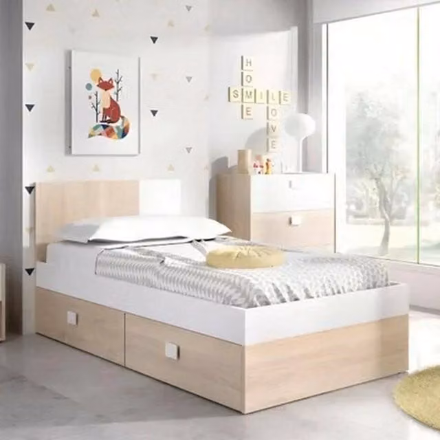 Letto singolo Rashmi DMORA con cassetti, struttura porta materasso moderna, L/P/H: 97 x 196 x 79 cm, Bianco e Rovere