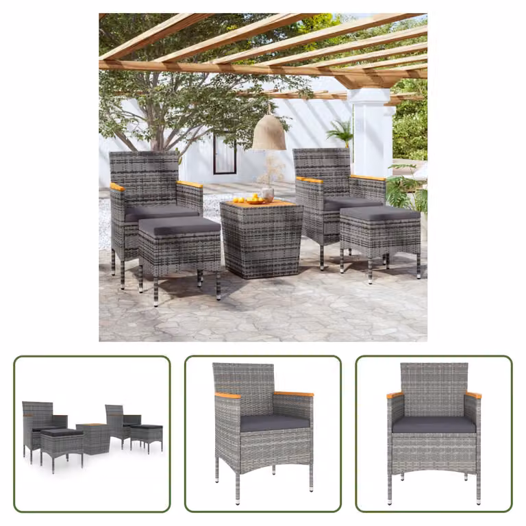 The Living Store Set bistrot da giardino 5 pezzi in poly rattan e legno massiccio grigio acacia