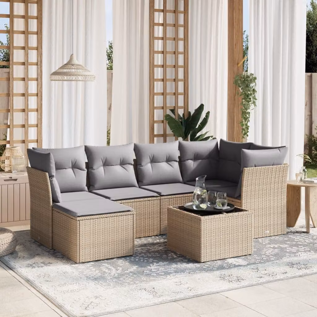 vidaXL Set Divano da Giardino 7 pz a Forma a L con Cuscini Beige e Grigio in Polyrattan e Acciaio – 1