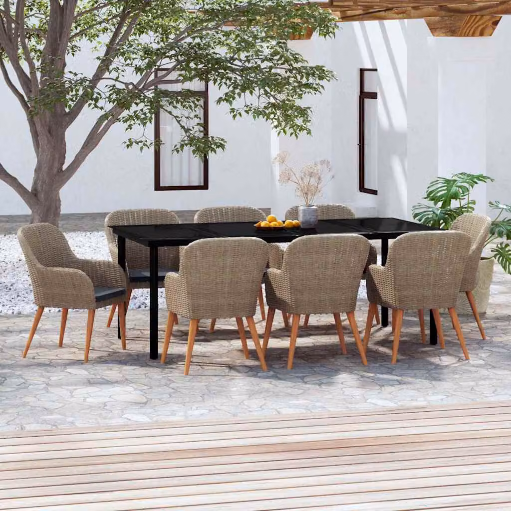 Set da pranzo da giardino vidaXL in rattan e legno di acacia con tavolo in vetro e 9 pezzi marrone