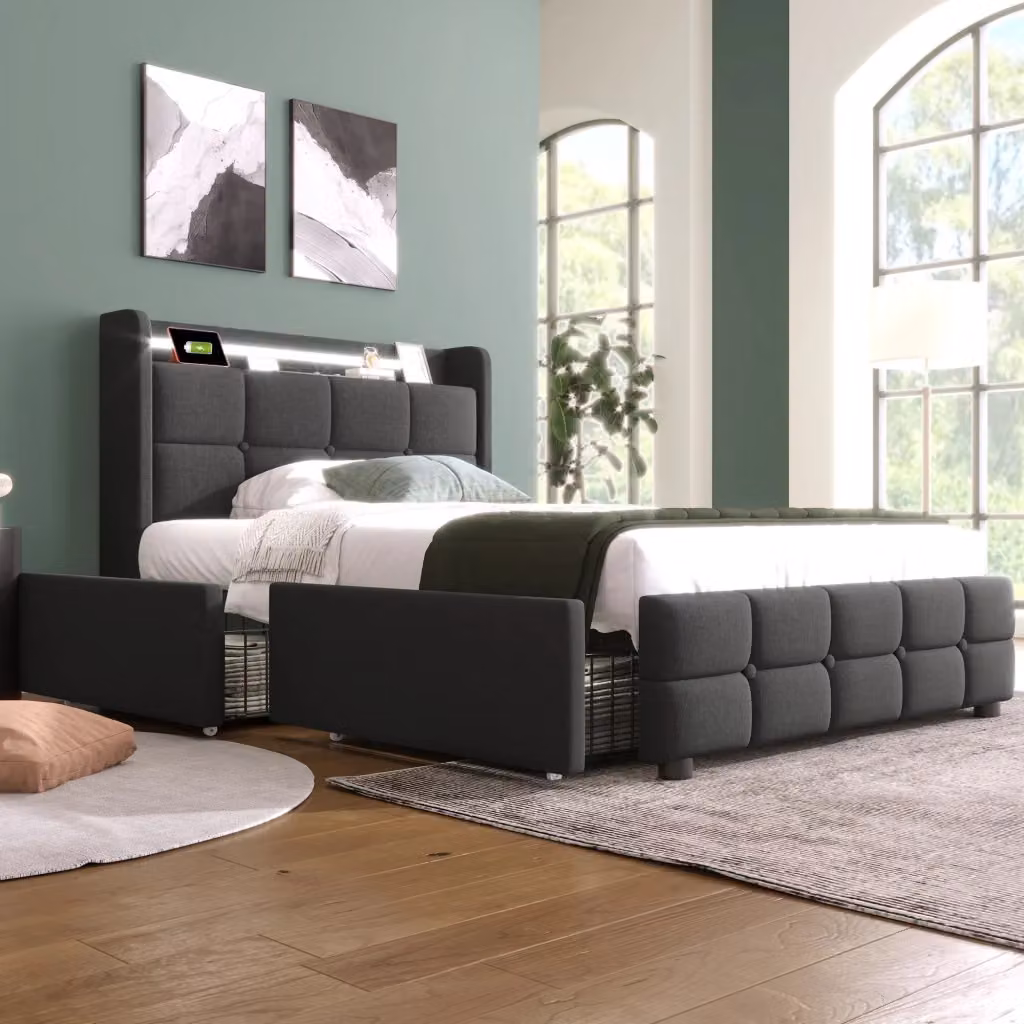 Letto Singolo Moderno Chicfurn Grigio con Cassetti, Porte USB, Luci LED e Ripiano Integrato, L/P: 90 x 200 cm – 2