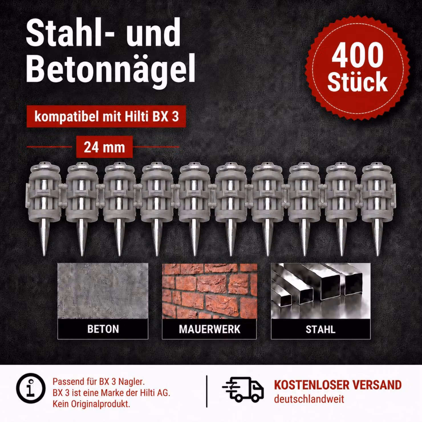 Chiodi in acciaio e cemento da 24 mm, confezione da 400 pezzi, compatibili con il sistema di fissaggio per muratura Hilti BX 3