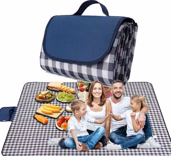 Tappetino da spiaggia 200 x 200 cm, impermeabile e antisabbia - Tappetino da spiaggia pieghevole per picnic all'aperto - Blu navy con motivo a griglia bianco