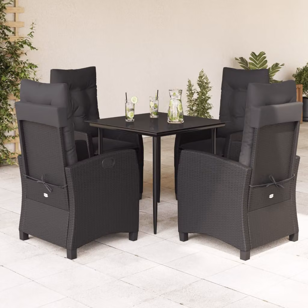 Set da Pranzo da Giardino vidaXL 5 pz Nero in Polyrattan con Piano in Vetro