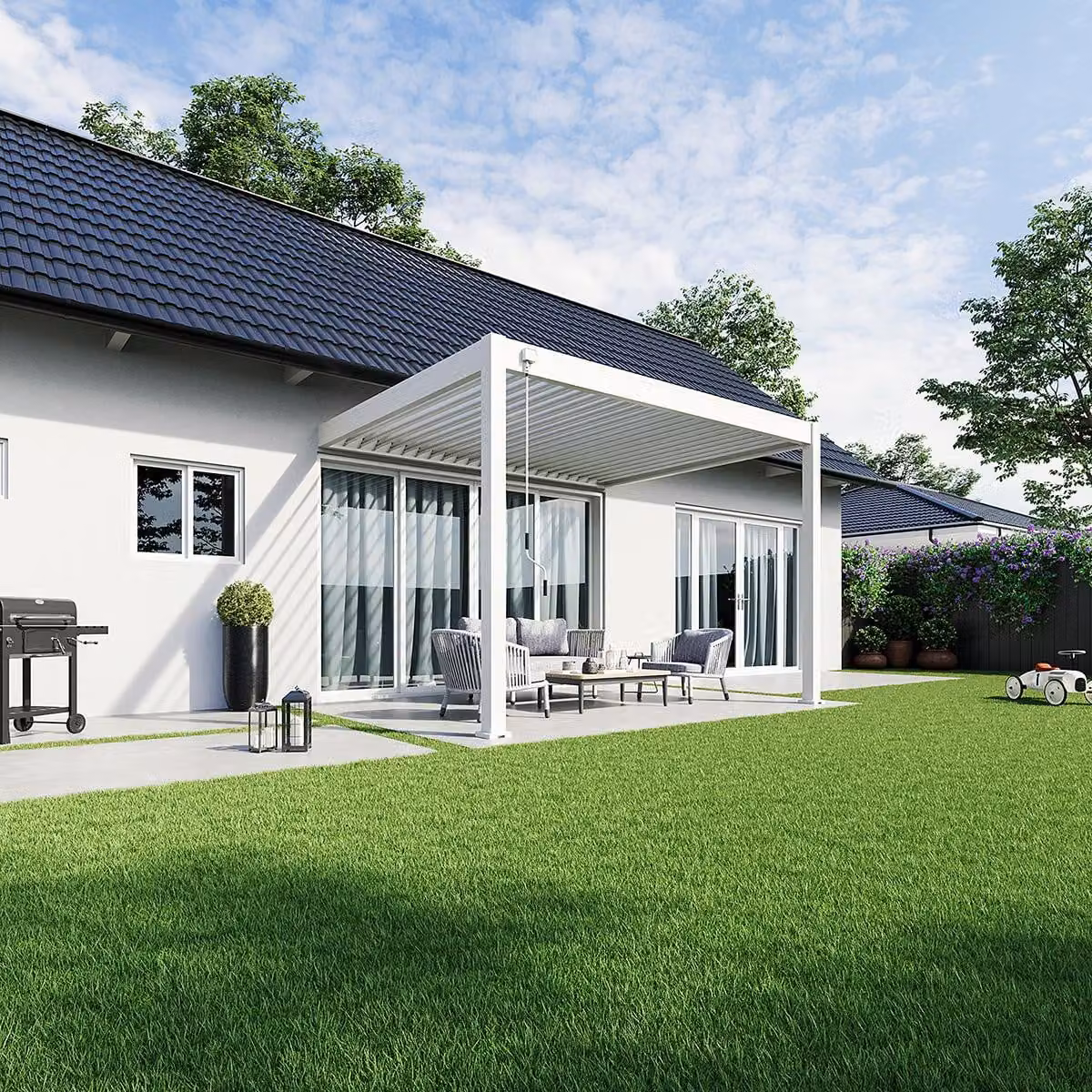 Pergola da parete Weide Deluxe interamente in alluminio 3x3,6 m con tetto a lamelle bianco