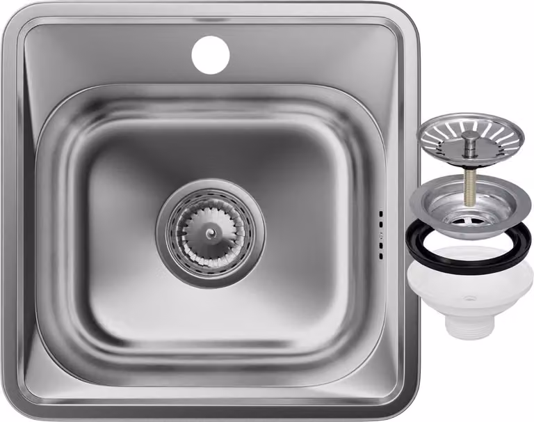 Granitan - Lavello in acciaio inossidabile - Lavello da cucina - Lavello 38x38x15 cm - Argento - con sifone - quadrato - TURI