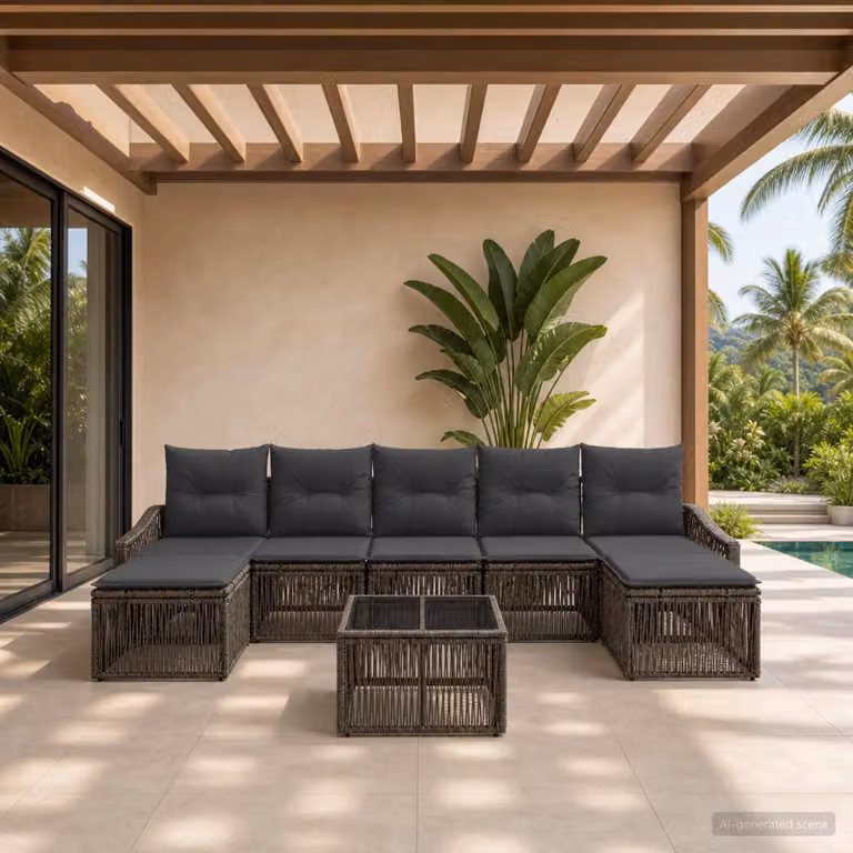 Set Divano da Giardino vidaXL 8 Pezzi a Forma di U Grigio con Tavolino, Pouf e Cuscini Imbottiti