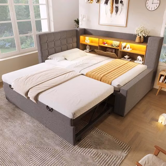 Divano letto singolo 90x190 cm con letto estraibile; USB e portabicchieri; lino e cotone; beige
