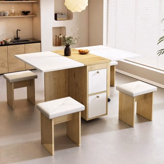 Set da pranzo moderno REDOM composto da tavolo rettangolare pieghevole e 5 sedie, colore Bianco e Rovere – 1