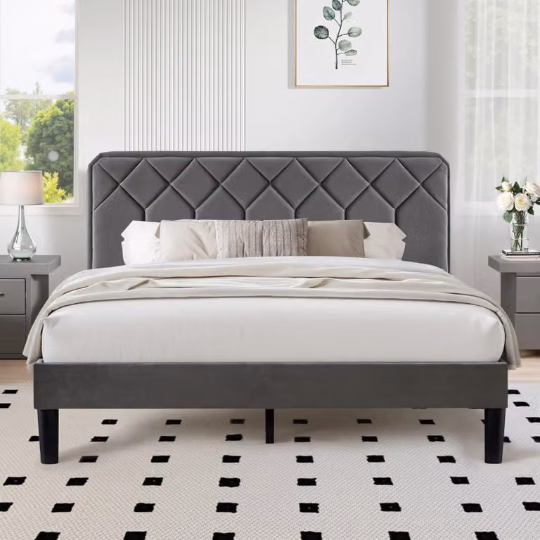 Letto matrimoniale 140x190 cm con rete a doghe, rivestito in velluto, colore grigio