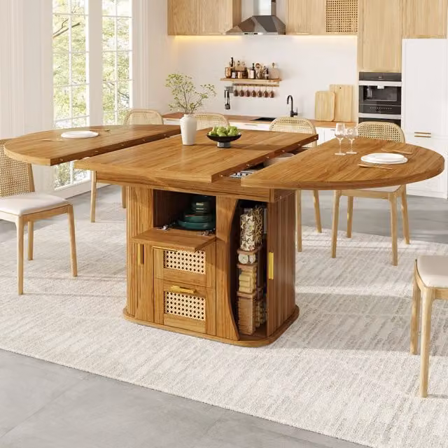Tavolo allungabile con cassetti effetto rattan e piano estensibile per sala da pranzo, cucina e soggiorno in MDF rovere