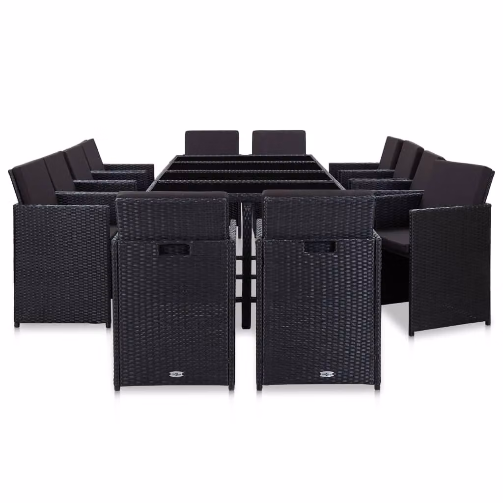 set da pranzo da giardino 13 pezzi con cuscini in poly rattan nero