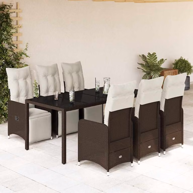 vidaXL Set Bistrò da Giardino 7 pz in Polyrattan Marrone con Cuscini e Piano in Vetro