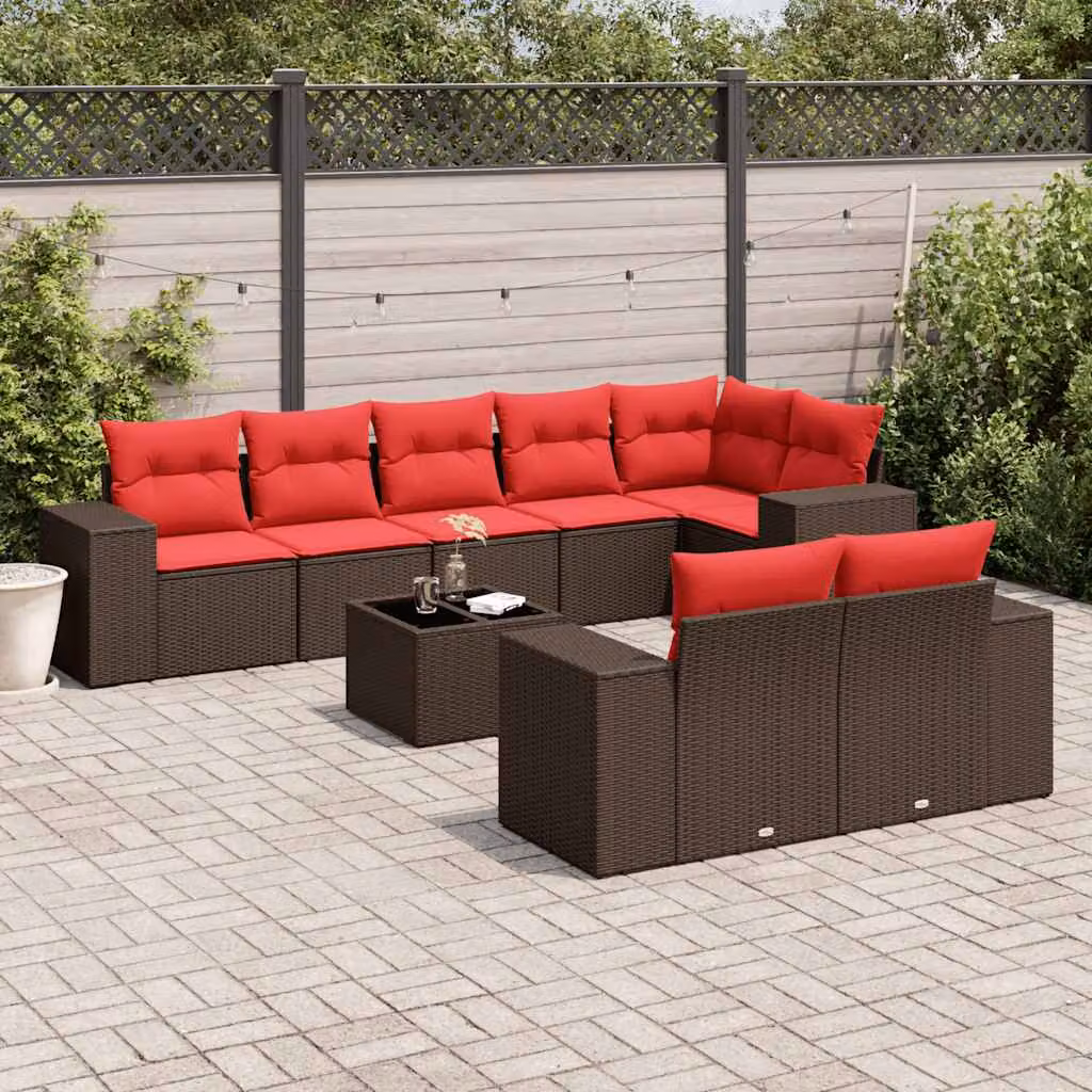 Set Divani da Giardino vidaXL 9 pz a Forma a L con Tavolino da Caffè e Cuscini, Polyrattan Marrone e Struttura in Acciaio Verniciato a Polvere