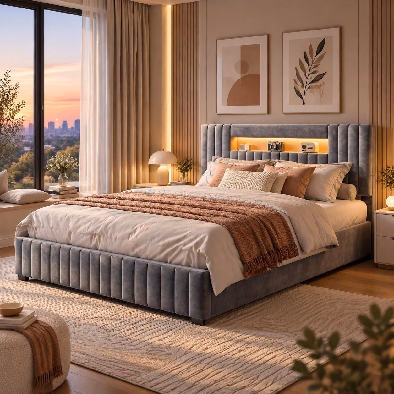 Letto imbottito INONEFT, 160x200 cm, con LED, con sistema di sollevamento idraulico per lo spazio contenitivo, letto matrimoniale per ragazzi con spazio contenitivo nella testiera, struttura del letto con rete a doghe, rivestito in velluto grigio