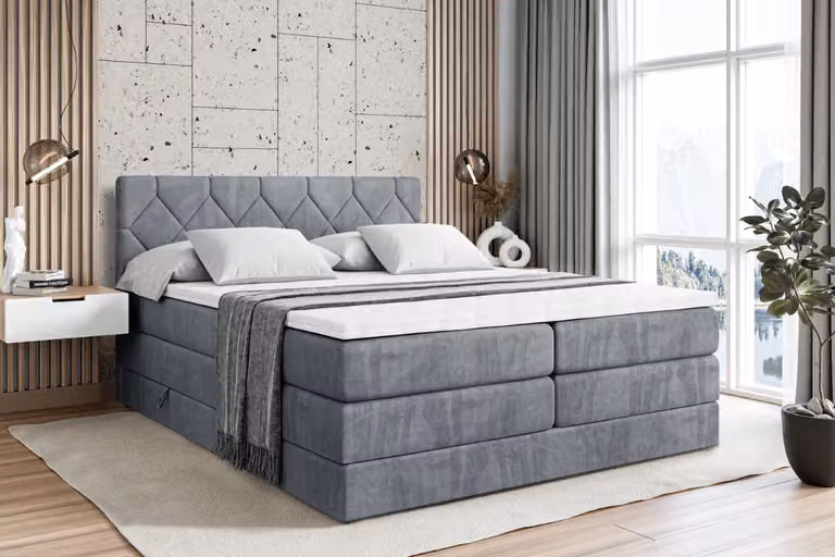 Letto boxspring ALTDECOR con 2 materassi e topper - 120x200 cm - CATOR KING - Velluto grigio - Letto imbottito con materassi H3 e H4, contenitore e rete a doghe, letto con spazio contenitivo