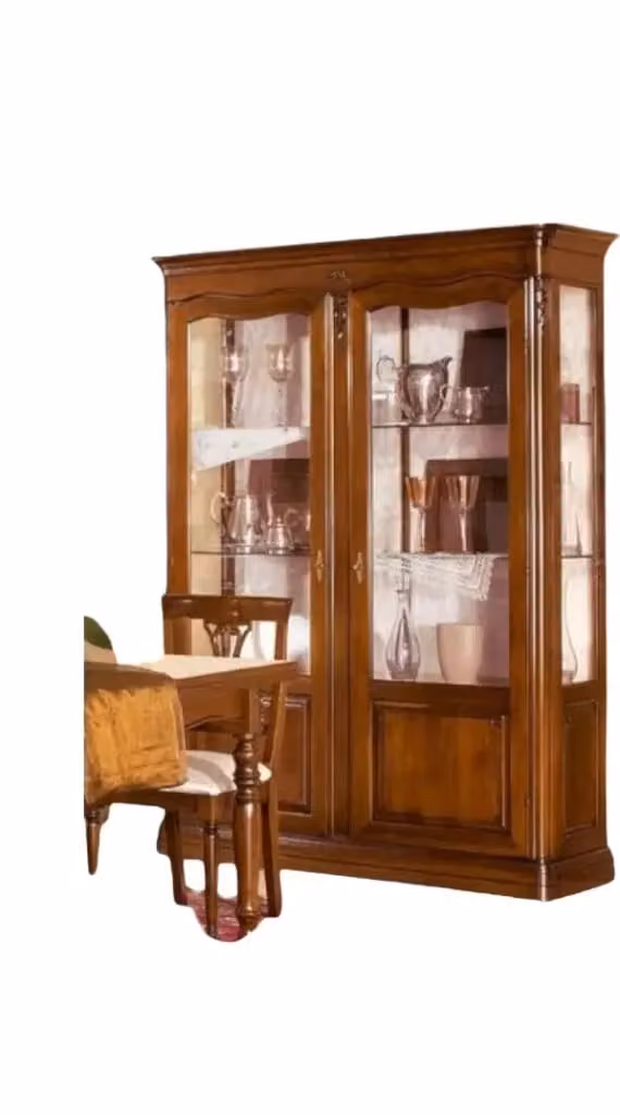 Vetrina Mobili 2G in legno con intarsio a capitello e ante in vetro, colore noce, L: 148 cm, P: 50 cm, H: 205 cm – 2